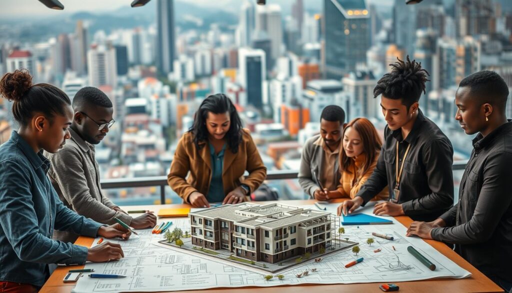 A group of diverse individuals collaborating on an engineering project that aims to improve their local community. In the foreground, engineers and community members work together on a detailed blueprint displayed on a large table, surrounded by various tools and materials. In the middle ground, a 3D model of a sustainable housing complex takes shape, reflecting their innovative design. In the background, a bustling urban landscape with vibrant colors and modern architecture provides the setting for this impactful endeavor. Soft, warm lighting and a sense of unity and purpose create an atmosphere of progress and social change.