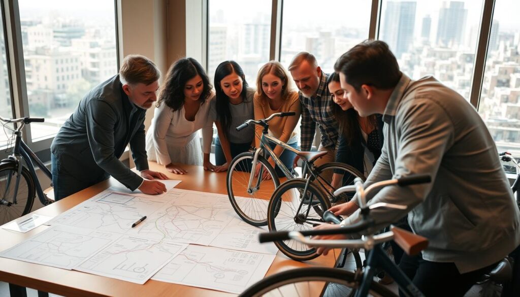 A group of diverse individuals, including city planners, community advocates, and transportation experts, gathered around a table discussing plans for a new bike lane network. Warm, natural lighting illuminates the scene, capturing the collaborative spirit and sense of shared purpose. In the foreground, detailed sketches and diagrams of proposed bike routes lay spread out, with people leaning in, engaged in animated discussion. The middle ground features a mix of modern and vintage bicycles, symbolizing the range of stakeholders involved. In the background, the cityscape can be seen through large windows, hinting at the broader context and the far-reaching impact of their decisions. An atmosphere of earnest problem-solving and a commitment to sustainable transportation pervades the image.