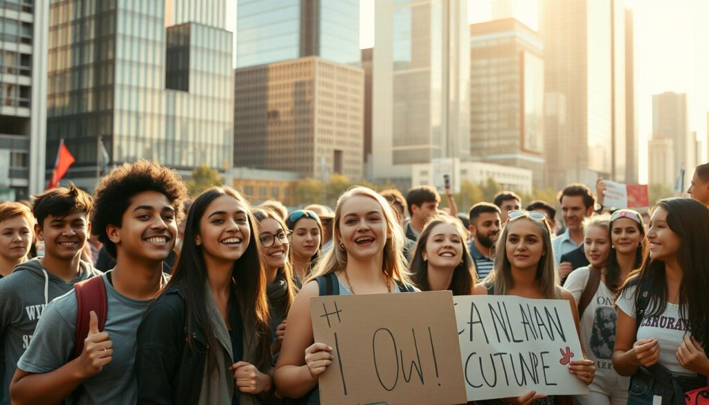 A group of diverse, passionate young activists gathered in a bustling city square, their faces alight with determination. In the foreground, a group of teenagers hold handmade signs, their expressions filled with energy and purpose. In the middle ground, a mix of college-aged students and young professionals engage in animated discussions, gesturing enthusiastically. In the background, a modern cityscape of glass and steel towers provides a dynamic backdrop, hinting at the scale and importance of the civil society movement. Warm afternoon sunlight filters through, casting a hopeful glow over the scene. The overall mood is one of optimism, innovation, and a commitment to shaping a sustainable future.