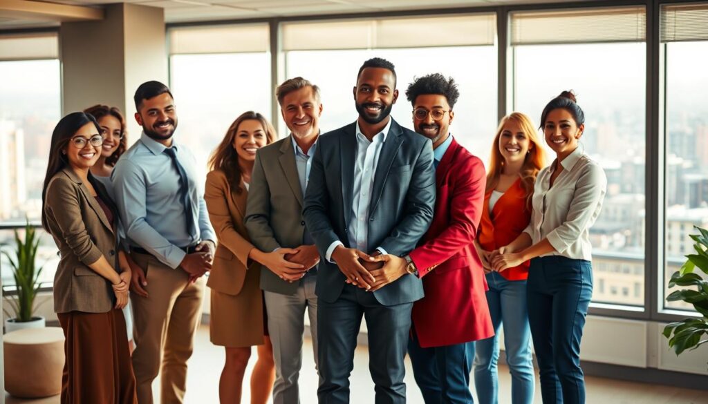 A group of diverse professionals from around the world standing together, hands linked, in a bright, sunlit office space. The scene has a warm, collaborative atmosphere, with large windows overlooking a cityscape in the background. The figures are rendered in a semi-realistic style, with a focus on facial expressions and body language that convey a sense of unity and shared purpose. Soft, diffused lighting highlights the participants, creating a sense of harmony and shared vision. The camera angle is slightly elevated, giving a birds-eye view of the collaborative scene, emphasizing the global nature of the collaboration.