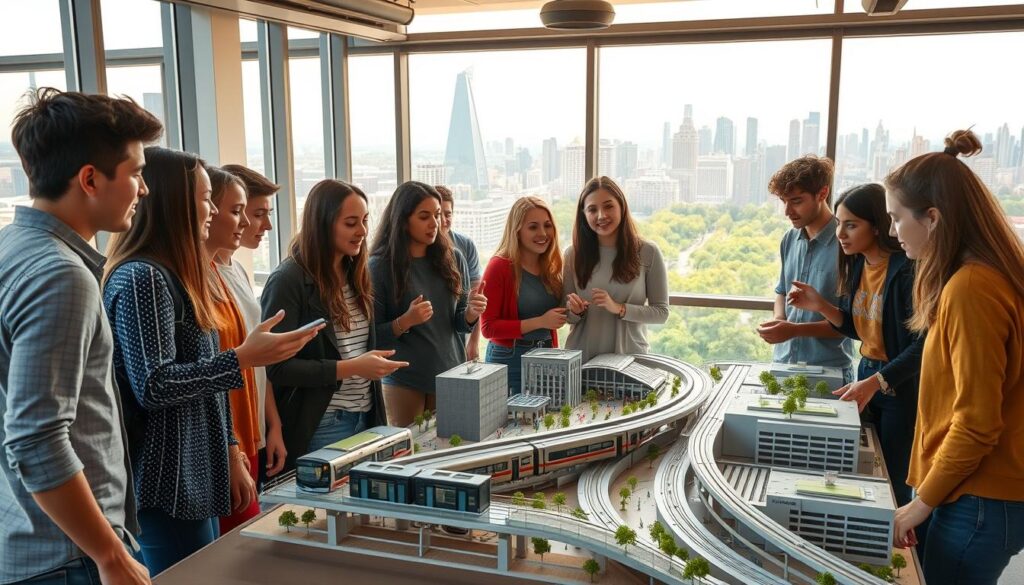 A group of diverse young people actively engaged in a lively discussion around a scale model of an urban infrastructure project. The foreground features the students' animated gestures and expressions as they collaborate, sharing ideas and sketching plans. The middle ground showcases a detailed model of a modern public transit system, with sleek trains and bustling stations. In the background, a panoramic view of a vibrant city skyline, with towering skyscrapers and verdant parks, creates a sense of context and scale. Warm, natural lighting filters through large windows, casting a soft glow and emphasizing the collaborative atmosphere. A sense of youthful energy, creativity, and civic engagement permeates the scene.