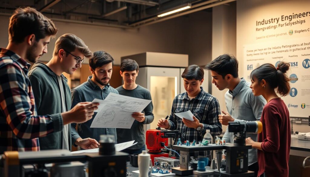 A group of engineering students collaborating on a complex project, illuminated by warm studio lighting. In the foreground, they analyze technical schematics and discuss design iterations, demonstrating their problem-solving skills. In the middle ground, 3D-printed prototypes and CAD models showcase their mastery of cutting-edge tools. The background features state-of-the-art lab equipment and a wall display highlighting industry partnerships, emphasizing the crucial role of industry collaboration in shaping their educational journey towards becoming innovative engineers.