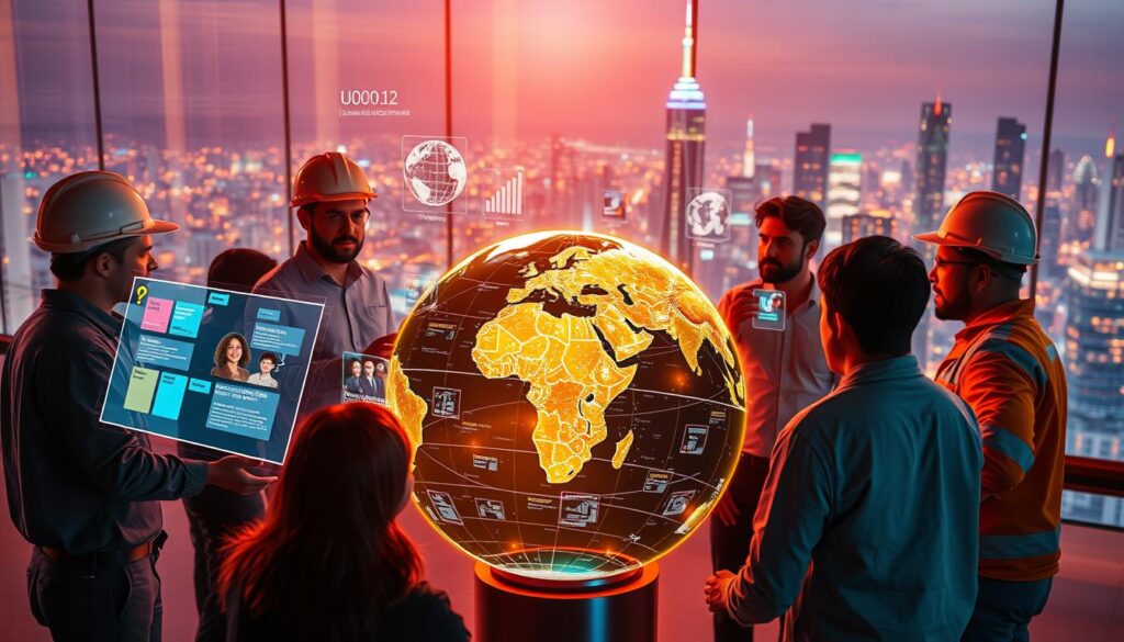 A group of engineers from diverse nations gather around a virtual globe, collaborating on sustainable design standards. High-tech holograms and dynamic data visualizations illuminate global challenges and best practices. Warm lighting casts a sense of cooperation, as the team works to harmonize construction codes and environmental regulations across borders. In the background, a sleek modern cityscape emerges, reflecting the international team's commitment to green infrastructure and climate-resilient architecture. The overall scene conveys a spirit of global unity in the pursuit of a more sustainable engineering future.