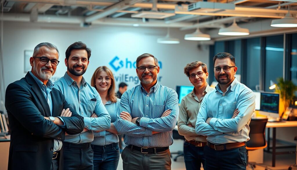 A group of experienced civil engineering experts standing confidently in a well-lit, modern office setting. Dressed in professional attire, they project an air of expertise and reliability. The foreground features three engineers engaged in discussion, their faces conveying a sense of authority and problem-solving acumen. In the middle ground, additional team members collaborate at their desks, surrounded by technical drawings and computer screens. The background showcases the firm's logo and branding, emphasizing its credibility and trustworthiness. Warm, directional lighting illuminates the scene, creating a welcoming and professional atmosphere.