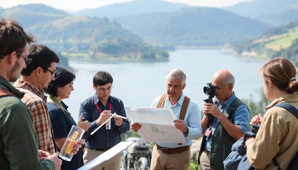A group of people engaged in a water management training program, set against the backdrop of a serene river landscape. In the foreground, trainees examine water samples and consult detailed diagrams, their faces lit by soft, natural lighting. In the middle ground, an instructor demonstrates the use of specialized monitoring equipment, guiding the participants through hands-on exercises. In the background, lush, verdant hills and a gently flowing river create a calming, idyllic atmosphere, conveying the importance of sustainable water management practices.