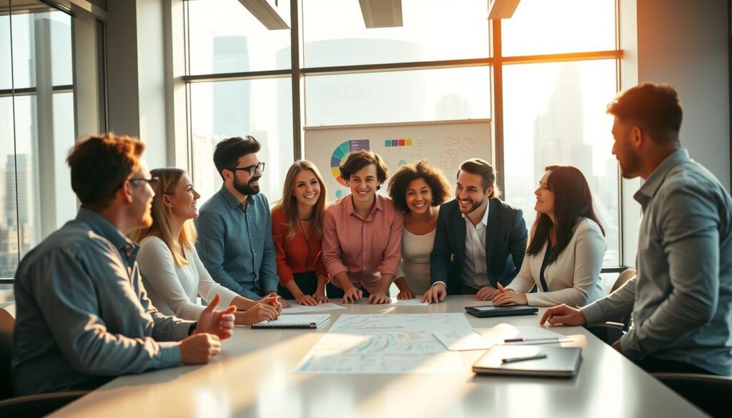 A group of professionals collaborating in a bright, modern office. In the foreground, a team of diverse individuals gathered around a sleek conference table, engaged in a lively discussion. Warm, directional lighting casts a natural glow, highlighting their animated expressions and gestures as they brainstorm ideas. In the middle ground, a whiteboard displays colorful diagrams and notes, showcasing the team's collective intelligence. The background features expansive windows overlooking a bustling cityscape, conveying a sense of connectivity and shared purpose. The overall atmosphere exudes a spirit of teamwork, innovation, and a relentless drive to achieve.