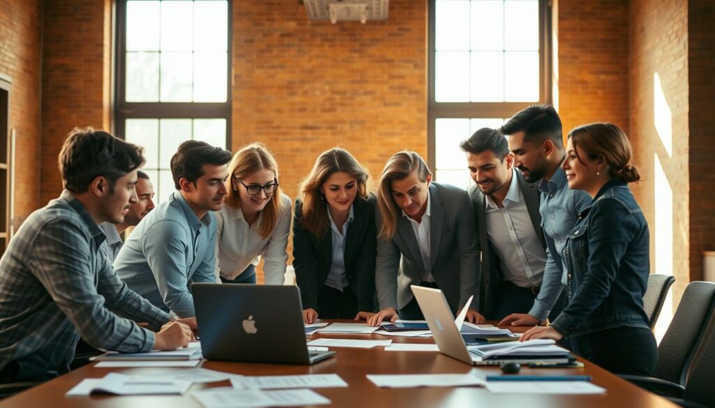 A group of professionals gathered around a conference table, deep in discussion. The team members, diverse in age and background, lean in with focused expressions, papers and laptops scattered across the table. Warm, natural lighting filters through large windows, casting a productive glow over the scene. The arrangement suggests a collaborative, problem-solving atmosphere, with the team working together to tackle the challenges of a complex project. The camera angle is slightly elevated, providing an overview of the team's interactions and the organized chaos of their workspace.