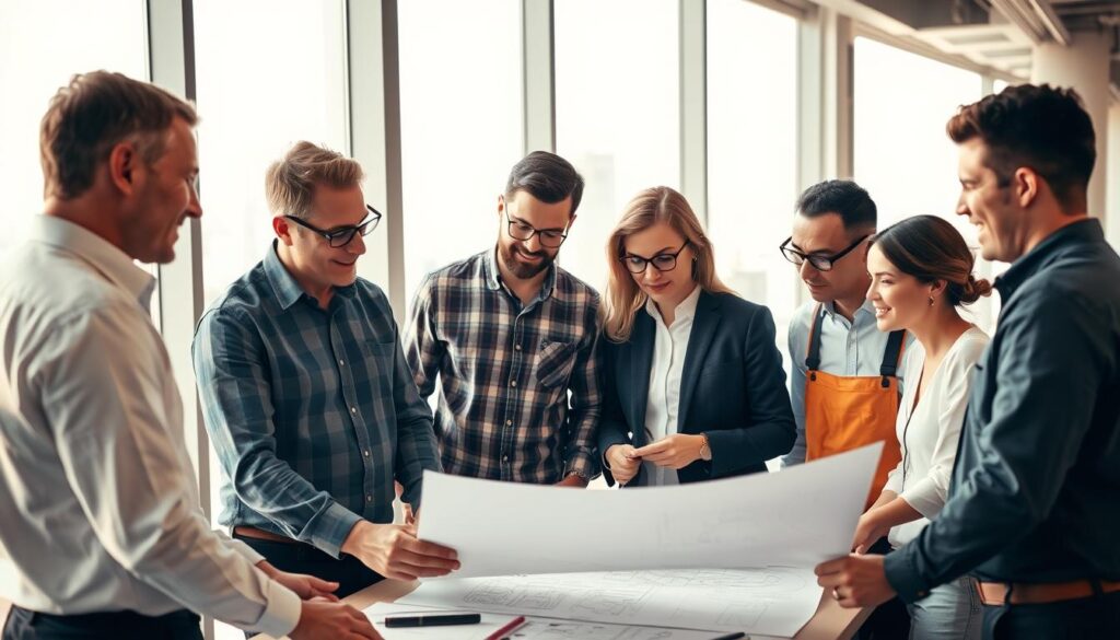 A group of professionals, including architects, engineers, and construction workers, collaborating on a glazing project. The scene is set in a well-lit, modern office space, with a large window overlooking a cityscape in the background. The team members are gathered around a table, examining blueprints and sketches, engaged in lively discussion. The lighting is warm and natural, casting subtle shadows and highlights on their faces, conveying a sense of focused concentration and teamwork. The atmosphere is professional yet collaborative, with a sense of camaraderie and shared purpose evident in their body language and facial expressions.