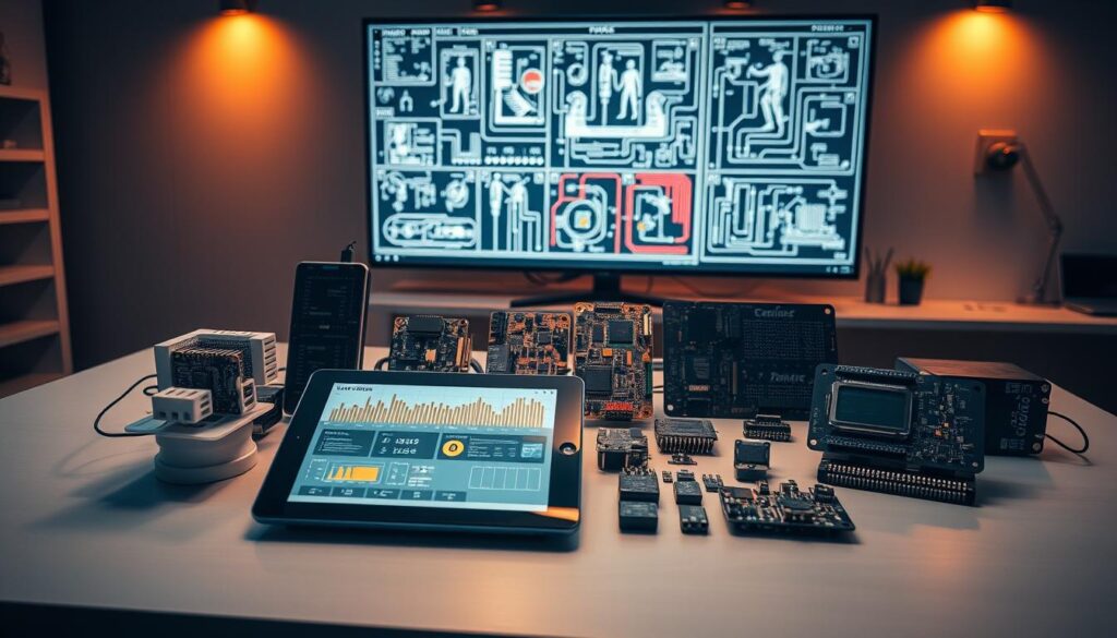 A group of state-of-the-art IoT devices arranged on a sleek, minimalist engineering workbench. In the foreground, a 3D-printed prototype and a tablet displaying IoT sensor data. In the middle, an array of microcontrollers, circuit boards, and wireless modules. In the background, a large display showcasing complex engineering schematics and simulations. Warm, diffused lighting casts dramatic shadows, highlighting the precision and innovation of these collaborative technologies. The scene conveys a sense of technological sophistication, problem-solving, and the seamless integration of IoT into the modern engineering workflow.