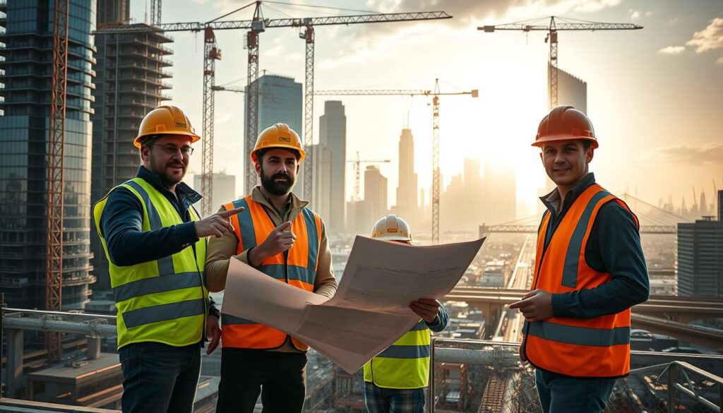A group of successful civil engineers standing confidently in a modern cityscape, overseeing the construction of towering skyscrapers and intricate infrastructure. In the foreground, three individuals in hard hats and high-visibility vests, gesturing authoritatively while examining blueprints. Behind them, a bustling urban scene with cranes, scaffolding, and various construction equipment, all bathed in warm, directional lighting that casts dramatic shadows. In the distance, the silhouettes of completed high-rises and bridges, symbolizing the successful completion of their engineering projects. The overall atmosphere conveys a sense of pride, professionalism, and the tangible impact civil engineers have on shaping the built environment.