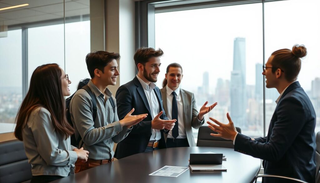 A group of young adults dressed in professional attire, engaged in a lively discussion during a job interview. The scene is set in a modern office environment, with warm lighting and clean lines. In the foreground, two interns earnestly exchange insights, gesturing animatedly. In the middle ground, a seasoned employee nods, offering guidance. The background features a sleek conference table, with a large window overlooking a bustling city skyline, conveying a sense of opportunity and growth. The mood is one of collaboration, mentorship, and the excitement of a potential engineering internship.