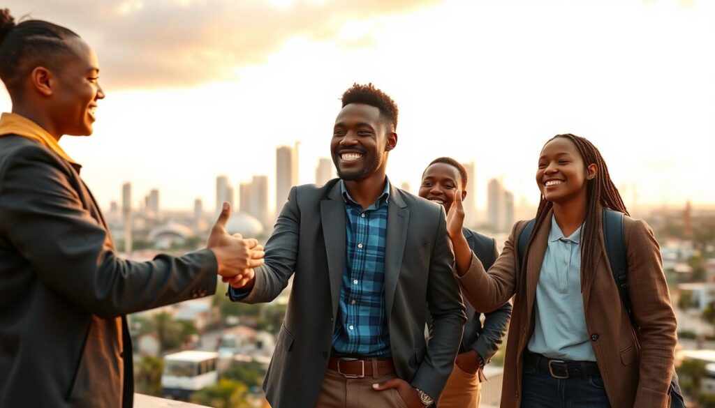 A group of young, diverse civil engineering students celebrating their successful completion of internships in Africa. The foreground features three smiling interns - a woman and two men - shaking hands and exchanging enthusiastic high-fives, dressed in professional attire. The middle ground shows an African cityscape with modern skyscrapers and infrastructure projects in the background, casting warm, golden afternoon light. The mood is one of pride, accomplishment, and the promising future of civil engineering in the region. Crisp, cinematic lighting and a medium-wide angle lens capture the jubilant scene in vivid detail.