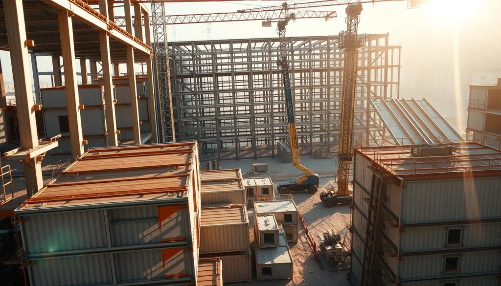 A high-angle shot of a prefabrication construction site, with modular building components neatly stacked and arranged in the foreground. Sunlight filters through the steel framework, casting warm shadows across the scene. In the middle ground, robotic cranes and lifts precisely maneuver the prefabricated elements into place, showcasing the efficiency and precision of this modern construction method. The background reveals the skeletal structure of a partially completed building, hinting at the scale and complexity of the project. The overall atmosphere conveys a sense of technological advancement, streamlined workflows, and the future of sustainable construction.