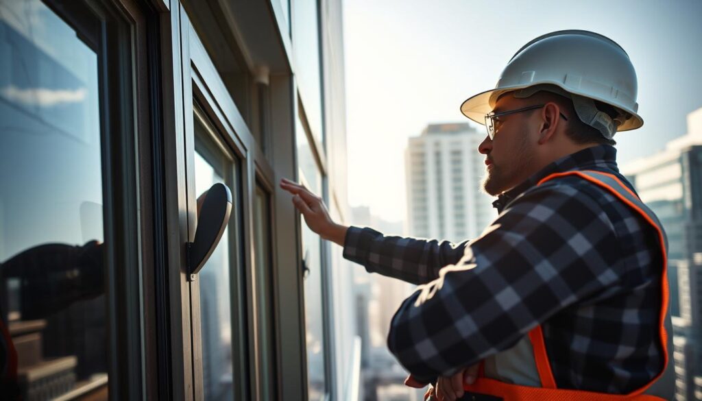 A high-angle view of a professional construction worker inspecting the installed hurricane-resistant fenestration system on a building exterior. The worker, wearing a hardhat and safety gear, closely examines the windows, doors, and joints, checking for proper installation and any potential vulnerabilities. Bright sunlight illuminates the scene, casting sharp shadows and highlighting the details of the glazing and framing. The background features a partially visible urban skyline, conveying the commercial context. The overall mood is one of diligent inspection and attention to detail, underscoring the importance of post-installation quality control for hurricane-resistant glazing systems.