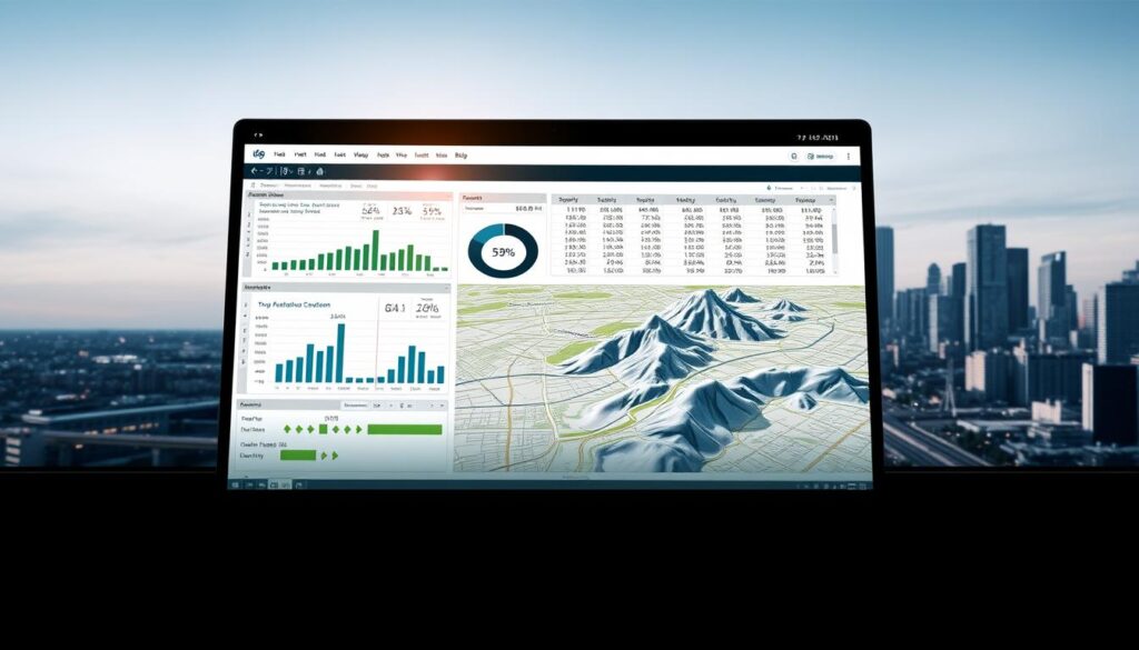 A high-contrast, detailed visualization of a GIS cost analysis dashboard. In the foreground, a sleek, modern spreadsheet interface displays financial metrics and visualizations. The middle ground features a 3D terrain map with data overlays, showcasing the spatial aspect of the GIS investment. In the background, a city skyline is visible, hinting at the infrastructure applications of the GIS system. The lighting is dramatic, with sharp shadows and highlights to convey the gravity of the cost analysis. The overall mood is one of analytical precision and strategic decision-making, reflecting the importance of this GIS investment for civil engineering projects.