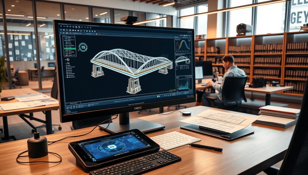 A high-definition, wide-angle view of a modern civil engineering office, showcasing various digital simulation tools and software used in the design and analysis of complex infrastructure projects. In the foreground, a large computer monitor displays a 3D rendering of a bridge design, with various analytical overlays and simulation data. On the desk, an array of input devices, including a tablet and stylus, allow for interactive manipulation of the digital model. The middle ground features an engineer reviewing plans and schematics on a secondary display, while the background reveals additional workstations and shelves lined with engineering textbooks and technical manuals. The scene is illuminated by a combination of natural light from large windows and warm, task-oriented lighting, creating a professional, technology-driven atmosphere.