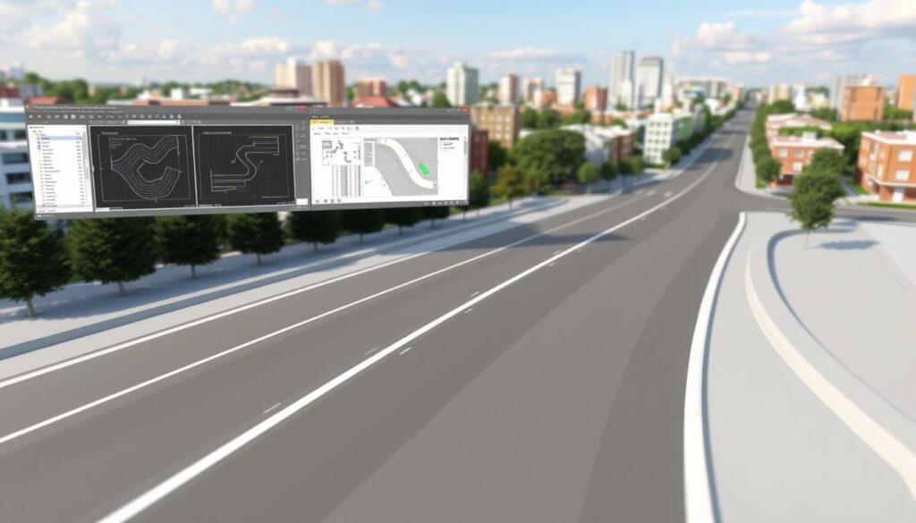 A high-quality 3D illustration of an AutoCAD Civil 3D workspace, showcasing a road design tutorial. The foreground features a focused view of the road alignment and cross-section tools, with a clear display of the road design elements like centerline, profiles, and cross-sections. The middle ground shows the overall Civil 3D interface, with windows displaying plan, profile, and section views. The background depicts a realistic city landscape, with buildings, trees, and a clear sky, creating a sense of context for the road project. The lighting is soft and directional, highlighting the key design elements. The camera angle is slightly elevated, providing an optimal view of the workspace and the road design process.
