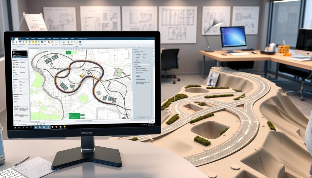 A high-quality 3D rendering of an AutoCAD Civil 3D workflow for road design. The scene depicts a detailed digital model of a winding road, with various construction stages and design elements visible. In the foreground, a schematic layout of the road network is displayed on a computer screen, showcasing the key steps in the design process. In the middle ground, a 3D render of the proposed road alignment, complete with terrain features, intersections, and drainage systems, is shown. The background features a modern office environment with technical drawings, reference materials, and engineering tools visible, creating a sense of a professional, technology-driven workspace. The overall scene conveys the comprehensive nature of the AutoCAD Civil 3D road design workflow, emphasizing the software's capabilities in planning, modeling, and visualizing complex infrastructure projects.