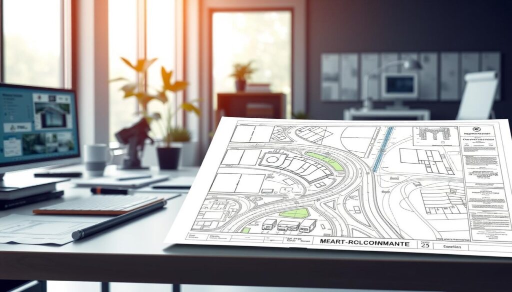 A high-quality AutoCAD Civil 3D plan production scene, showcasing a detailed 2D layout of a road design project. In the foreground, a meticulously rendered CAD viewport displays various plan views, sections, and profiles. The middle ground features a clean, organized workspace with drafting tools, computer equipment, and engineering documents. The background subtly reveals a modern office setting, with large windows providing natural lighting and a sense of professionalism. The overall atmosphere conveys the precision, diligence, and technical expertise required for effective plan production and documentation in civil engineering.