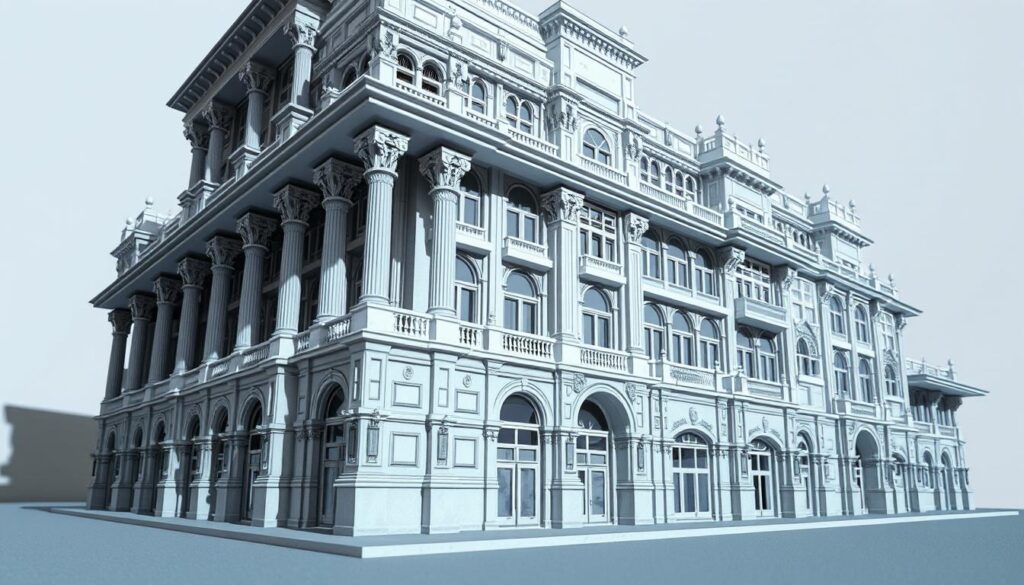A high-quality, detailed 3D AutoCAD design of a complex commercial building, rendered in a clean, technical style. The model features intricate architectural elements like columns, arches, and detailed facades. The perspective is a close-up, low-angle view that showcases the precision and complexity of the design. The lighting is cool and directional, casting long shadows that emphasize the geometric forms. The background is a minimal, neutral environment that keeps the focus on the technical details of the AutoCAD model.