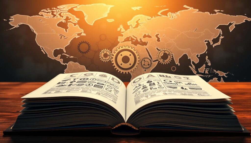 A high-quality, detailed illustration of "CPD global standards" against a backdrop of a world map. The foreground features an open book with pages depicting various professional development icons and symbols, representing the diverse range of CPD activities and certifications recognized globally. The middle ground showcases a network of interconnected gears, cogs, and cogwheels, symbolizing the intricate, collaborative nature of CPD standards across different regions and industries. The background depicts a softly-lit, realistic world map, emphasizing the worldwide scope and application of these standards. Warm, earthy tones create a professional, authoritative atmosphere, while dynamic lighting and camera angles provide depth and visual interest.