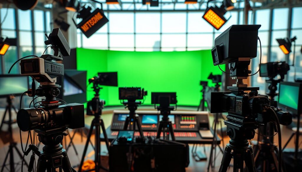 A high-quality studio set featuring various types of broadcast media equipment and technology. In the foreground, a selection of studio cameras, microphones, and lighting fixtures are arranged in a professional manner. In the middle ground, a large green screen backdrop and a control panel with numerous displays and switches. In the background, a blurred cityscape visible through a large window, evoking a modern media production facility. The lighting is warm and balanced, creating a sense of professionalism and technical sophistication. The overall composition conveys the breadth and complexity of the broadcast media industry.