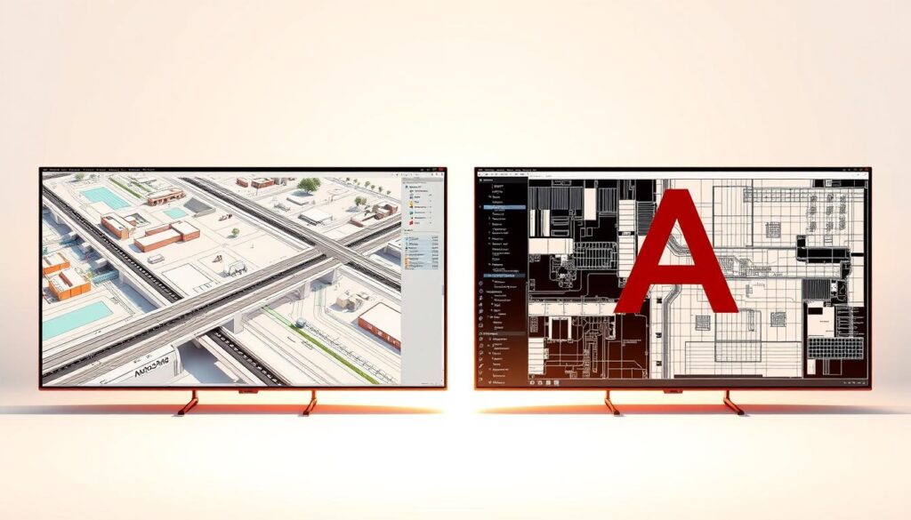 A high-resolution, detailed comparison of Civil 3D and AutoCAD software programs, featuring a split-screen view. The left side showcases Civil 3D's robust civil engineering tools, with realistic 3D models of infrastructure elements like roads, bridges, and utilities. The right side highlights AutoCAD's versatile 2D drafting capabilities, displaying precise technical drawings and schematics. The scene is illuminated by warm, directional lighting, casting shadows that emphasize the depth and dimensionality of the models. The background is a clean, minimalist white, allowing the software applications to take center stage and inviting the viewer to closely examine the distinct features and functionalities of each program.