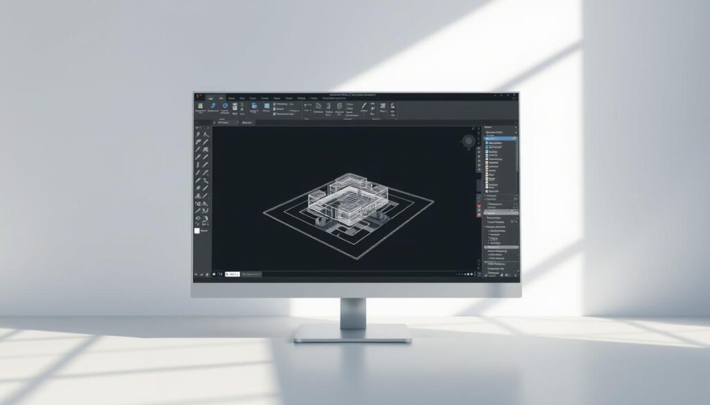 A high-resolution, detailed rendering of the AutoCAD user interface, showcasing its key features and functionality. The main window dominates the foreground, displaying a 3D model of a civil engineering project in the center. Surrounding it are various toolbars, menus, and panels, each labeled with its respective purpose - such as the drawing tools, property editor, and layer manager. The background features a clean, minimalist workspace with a subtle gradient, allowing the interface elements to stand out. The lighting is soft and natural, creating a professional, technical atmosphere. The angle is slightly elevated, providing a comprehensive view of the entire interface, highlighting its intuitive and comprehensive design.