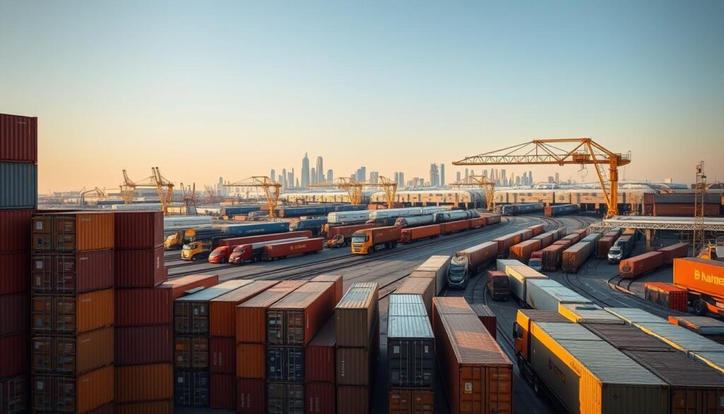 A high-resolution image of a bustling intermodal transport hub, showcased in warm, golden-hour lighting. In the foreground, an array of intermodal transport cases and containers are neatly stacked, highlighting their modular design and efficient stacking capabilities. In the middle ground, a fleet of trucks and trains are seamlessly maneuvering around the hub, emphasizing the smooth flow of goods and materials. In the background, a skyline of modern warehouses and logistics facilities creates a sense of scale and the overall interconnectedness of the intermodal transport system. The scene conveys a sense of productivity, optimization, and the synergistic integration of various transportation modes.