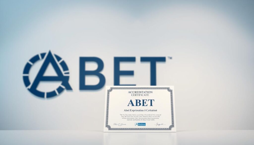 A high-resolution, photorealistic image of the ABET logo and accreditation certificate against a clean, minimalist background. The logo is prominently displayed in the foreground, with the accreditation certificate slightly smaller and positioned below it. The lighting is soft and evenly distributed, creating a professional and authoritative atmosphere. The focus is sharp, with a shallow depth of field that emphasizes the key elements. The color palette is muted, featuring shades of blue, gray, and white to convey a sense of trust and credibility. The overall composition is balanced and symmetrical, conveying the importance and significance of ABET accreditation.