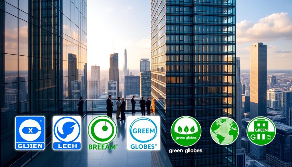 A high-rise office building with a sleek, modern facade made of glass and steel. In the foreground, several green building certification logos are prominently displayed, such as LEED, BREEAM, and Green Globes. The logos are illuminated by warm, natural lighting, casting soft shadows on the building's surface. In the middle ground, a group of people, dressed in professional attire, are gathered, discussing the merits of sustainable design. The background features a cityscape with other eco-friendly skyscrapers, creating a sense of a thriving, environmentally conscious urban landscape. The overall mood is one of progress, innovation, and a commitment to responsible development.