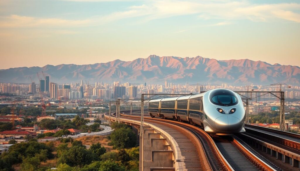 A high-speed rail line cutting through a bustling African landscape. In the foreground, the sleek silver bullet train glides along elevated tracks, its aerodynamic form a testament to modern engineering. In the middle ground, sprawling cities with skyscrapers and cranes dot the horizon, symbols of economic growth and development. Behind them, majestic mountains rise, their rugged peaks bathed in warm, golden light from the setting sun. The scene conveys a sense of momentum and progress, as Africa's infrastructure evolves to meet the demands of a rapidly changing world.
