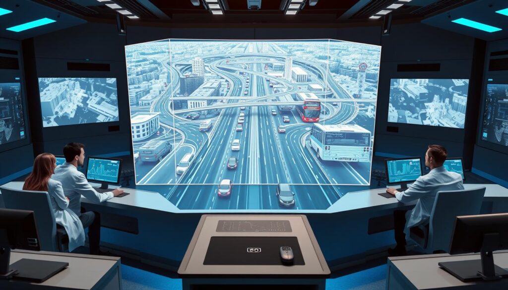 A high-tech control room with a large 3D holographic display showcasing a detailed traffic simulation. The simulation features a bustling cityscape with vehicles, pedestrians, and intricate road networks. Sleek workstations surround the display, where analysts in white lab coats and business attire study the data. Soft blue lighting and futuristic control panels create an atmosphere of cutting-edge technology. The scene conveys the complexity and analytical power required to optimize urban traffic flow, highlighting the potential cost factors associated with implementing such advanced simulation software.