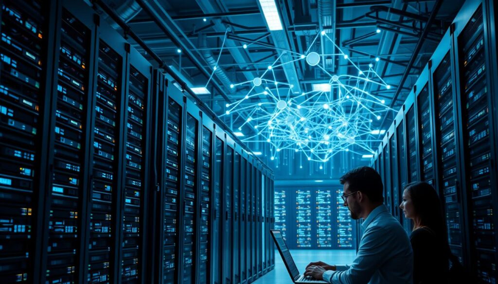A high-tech data center, its servers and racks illuminated by strategic lighting. In the foreground, a security team monitors the systems, their faces intense with concentration. The background depicts a complex web of networks and cryptographic protocols, symbolizing the multilayered approach to AI infrastructure security. Sleek, angular architecture evokes a sense of cutting-edge technology, while subtle shadows and muted tones create an atmosphere of diligence and vigilance. The scene conveys the critical importance of safeguarding the heart of AI operations against potential threats.