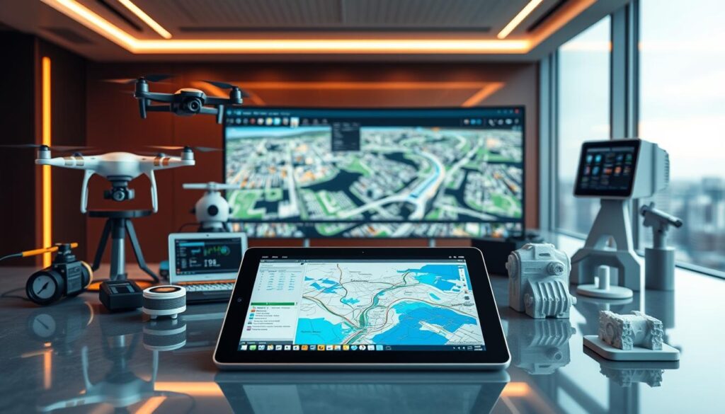 A high-tech digital workspace showcasing a collection of water engineering tools and technologies. In the foreground, a sleek tablet displays real-time data analytics and simulation models. Surrounding it, an array of cutting-edge devices including a drone, a water sensor network, and a 3D-printed prototype. The middle ground features a large, interactive touchscreen displaying a GIS map with water infrastructure overlays. In the background, a panoramic window reveals a cityscape, symbolizing the integration of these digital tools into urban water management. Warm, indirect lighting casts a professional, futuristic atmosphere, highlighting the advanced capabilities of this water engineering technology suite.