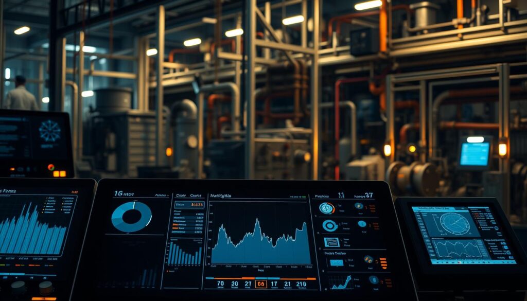 A high-tech engineering data monitoring dashboard with sleek, modern interface. In the foreground, a large touchscreen display shows real-time sensor data, performance metrics, and equipment statuses. The middle ground features control panels, knobs, and monitoring equipment in a dimly lit industrial setting. The background depicts a complex network of pipes, cables, and machinery, illuminated by the glow of indicator lights. Soft, directional lighting creates depth and drama, while muted tones and minimalist design convey a sense of precision and efficiency. The overall atmosphere is one of advanced technological control, with the dashboard serving as the central hub for comprehensive engineering monitoring and optimization.