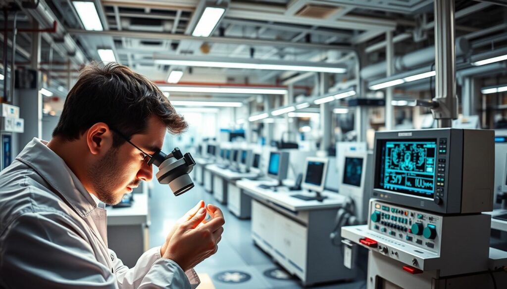 A high-tech engineering lab, bathed in the warm glow of focused lighting. In the foreground, a skilled technician intently inspects a precision component through a magnifying lens, meticulously checking for any defects. In the middle ground, a bank of advanced diagnostic equipment stands ready, its digital displays flashing with diagnostic data. The background reveals a pristine, organized workspace filled with state-of-the-art tools and workstations, conveying a sense of disciplined professionalism. The atmosphere is one of quiet concentration, as the engineer ensures the quality and reliability of the engineering process.