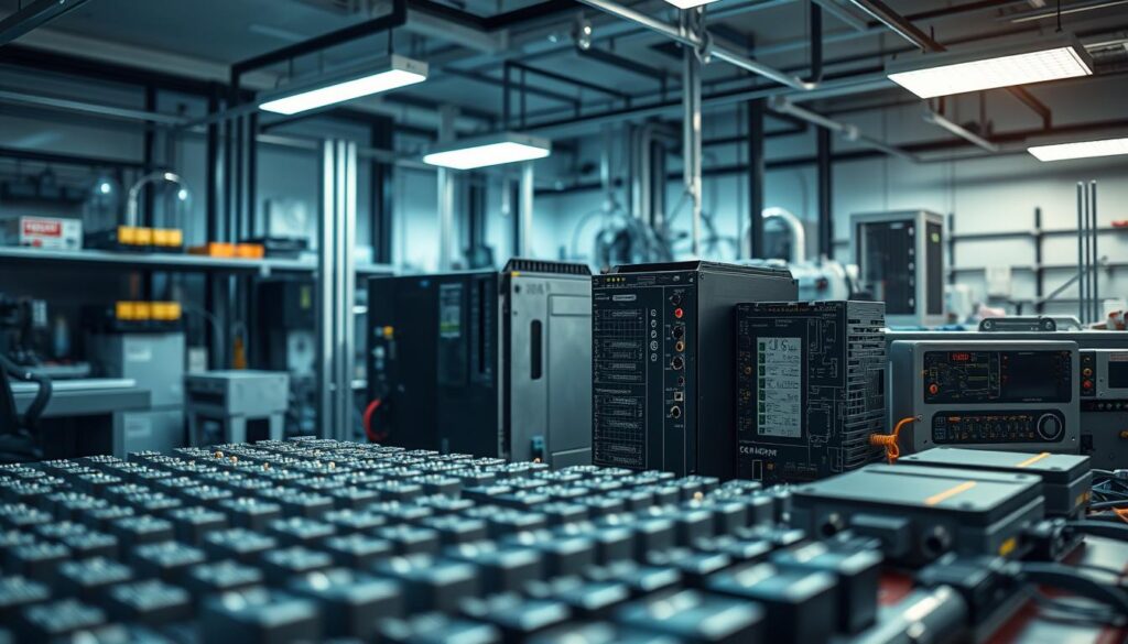 A high-tech engineering lab filled with a variety of cutting-edge IoT devices. In the foreground, a sleek, metallic smart sensor array collects real-time data. In the middle ground, an advanced programmable logic controller (PLC) and an edge computing device process the sensor inputs. In the background, a network of wireless communication modules and protocol converters seamlessly integrate the IoT system. Soft, indirect lighting illuminates the scene, creating a sophisticated, futuristic atmosphere. The composition emphasizes the harmony of hardware and software, showcasing the transformative potential of IoT in electrical engineering applications.
