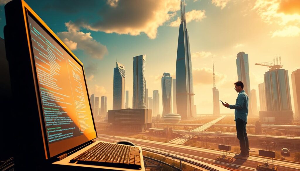 A high-tech landscape where the digital and physical worlds seamlessly intertwine. In the foreground, a sleek, futuristic computer terminal displays complex algorithms and lines of code, representing the core of computer science. In the middle ground, an engineer examines a 3D-printed prototype, blending cutting-edge hardware and software. In the background, towering skyscrapers and gleaming infrastructure suggest the transformative impact of computer science on the built environment. Warm, diffused lighting casts a futuristic glow, and the entire scene is imbued with a sense of innovation, progress, and the boundless potential of the intersection between computer science and engineering.