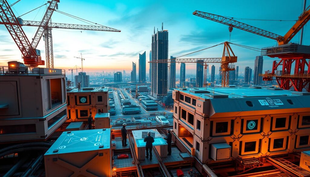 A high-tech, modular construction site with interlocking prefabricated components, robotic cranes, and holographic project management displays. In the foreground, sleek, interconnected modules are assembled with precision, while in the middle ground, a team of engineers oversees the operation using augmented reality interfaces. The background showcases a futuristic cityscape, with towering modular skyscrapers and autonomous transportation systems. The scene is bathed in a warm, ambient lighting, creating a sense of innovation and progress.