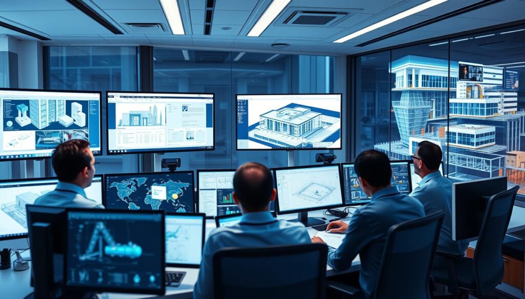 A high-tech office environment with multiple computer screens, design software interfaces, and collaborative tools showcasing Revit's powerful features. The scene features engineers and architects working together, sharing models, reviewing plans, and communicating via video conferencing. Soft blue and white lighting illuminates the space, creating a professional and productive atmosphere. The foreground depicts the collaborative workflow, while the background showcases Revit's 3D modeling capabilities with architectural details and building elements. The overall composition emphasizes Revit's seamless integration of design, coordination, and communication, enabling efficient teamwork.