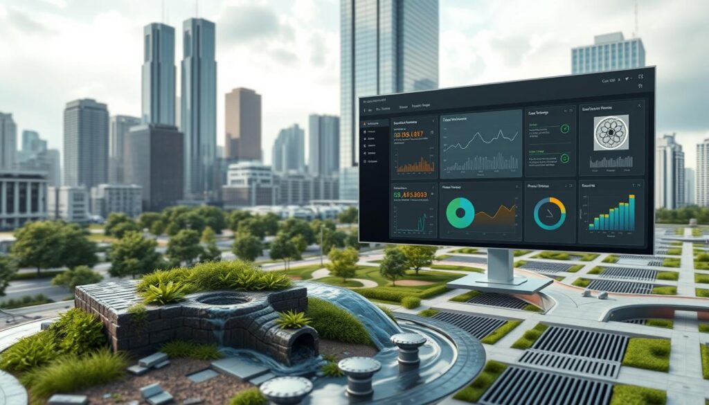 A high-tech software interface with a sleek, modern design. The foreground features a detailed 3D visualization of a stormwater management system, with realistic textures and lighting. The middle ground showcases various analytics and monitoring tools, presented in a clean, intuitive dashboard. The background depicts a cityscape with towering skyscrapers, lush green spaces, and a network of storm drains, conveying the software's integration with real-world infrastructure. The overall mood is one of technological sophistication and environmental sustainability, captured through a cinematic camera angle and a subtle color palette.