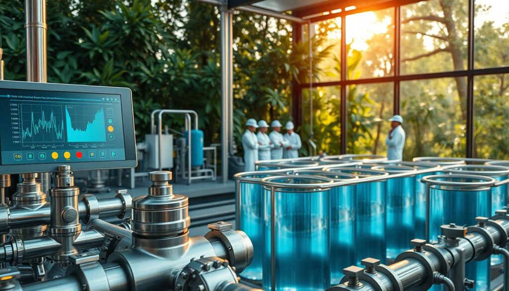 A high-tech water treatment facility set against a backdrop of lush greenery. In the foreground, sleek stainless steel pipes and valves, with a central control panel displaying real-time data. The middle ground features a series of clear, cylindrical tanks filled with crystal-clear water, while a team of engineers in crisp, white uniforms monitors the process. Warm, natural lighting filters through large windows, casting a soft glow over the scene. The overall atmosphere conveys a sense of innovation, efficiency, and environmental stewardship in the field of water and sanitation engineering.