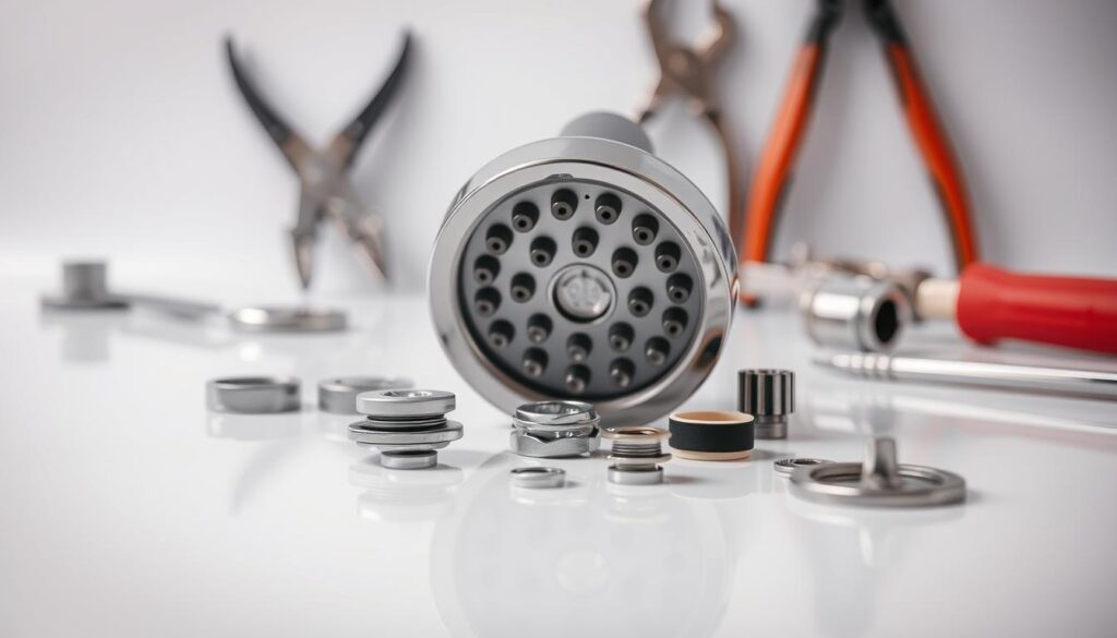 A highly detailed, close-up photograph of a chrome showerhead with its various components disassembled, showcasing replacement parts like washers, rings, and nozzles. The foreground is sharply in focus, with the showerhead positioned on a clean, reflective surface that creates a subtle mirrored effect. The middle ground features various tools like pliers, wrenches, and a screwdriver, neatly arranged around the showerhead. The background is softly blurred, creating a minimalist, professional-looking setup that highlights the technical nature of the task. The lighting is bright and even, revealing the intricate textures and materials of the showerhead parts. The overall mood is one of precision, functionality, and practical guidance for the viewer.