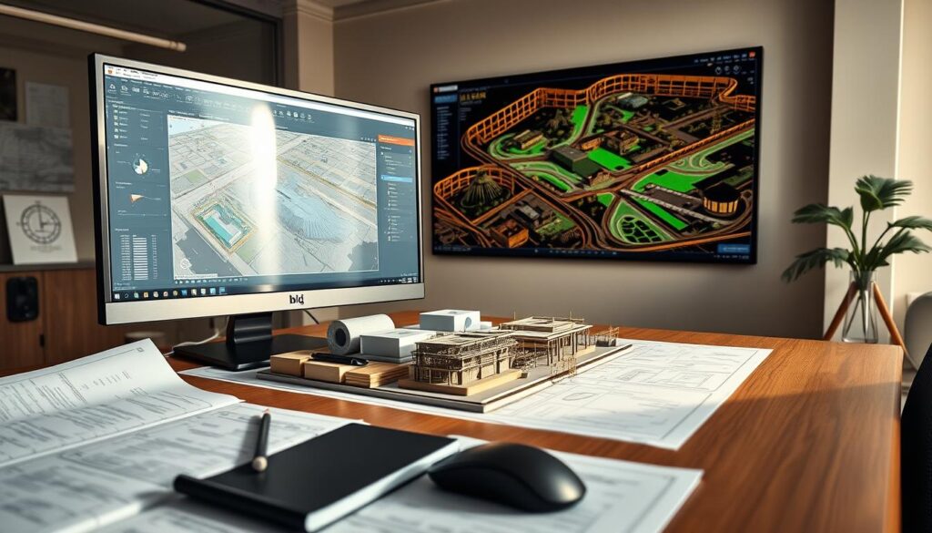 A highly detailed, high-resolution image of a civil engineering office, with a GIS software interface prominently displayed on a large monitor. The foreground shows an engineer's desk with various technical documents, pencils, and a computer mouse. The middle ground features a 3D model of a construction site, with topographical features and infrastructure elements. The background showcases a wall-mounted display showcasing GIS data layers, including terrain, utilities, and zoning information. The lighting is warm and natural, creating a professional and productive atmosphere. The scene is captured from a slightly elevated angle, providing a comprehensive view of the workspace.