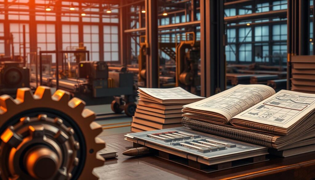 A highly detailed, industrial-themed scene depicting various dissertation topics in the field of industrial engineering. In the foreground, a large gear mechanism and a computer-aided design (CAD) model of a production line layout. In the middle ground, textbooks, research papers, and technical diagrams on optimization, logistics, and quality control. In the background, a dimly lit factory floor with towering machinery, conveyor belts, and a glimpse of the night sky through large windows. The scene is bathed in a warm, amber-tinted lighting, creating a contemplative and scholarly atmosphere. The overall composition suggests the depth and complexity of industrial engineering research.