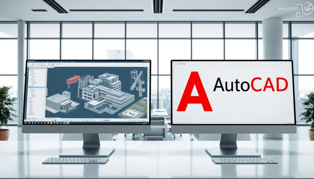 A highly detailed, photorealistic comparison of the Revit and AutoCAD software interfaces, showcased in a clean, minimalist workspace. The foreground displays the two software windows side-by-side, with seamless transitions between their respective tools and functionalities. The middle ground features architectural models and 3D renders, highlighting the integration capabilities. The background portrays a modern office environment with large windows, allowing natural lighting to illuminate the scene. The overall mood is one of professionalism, efficiency, and technological advancement in the engineering and architecture domains.