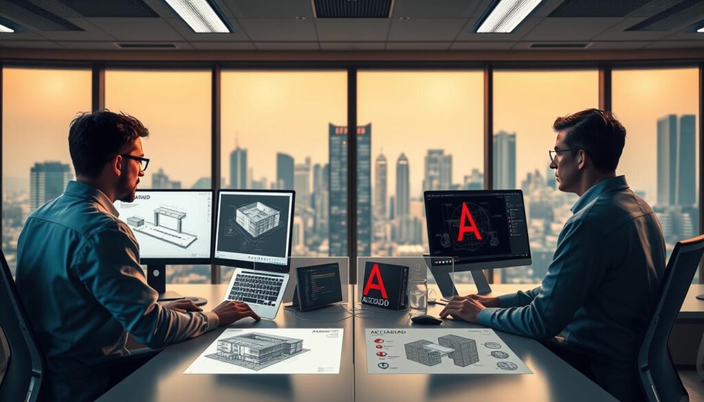 A highly detailed, photorealistic comparison of the Revit and AutoCAD workflows, showcasing their distinct approaches to architectural design and engineering. The scene depicts a modern office setting, with a clean, minimalist aesthetic. In the foreground, two designers work side-by-side, one using Revit and the other AutoCAD, their screens and desktops clearly visible. The middle ground features 3D models and diagrams illustrating the key differences in the design and documentation processes of the two software. The background showcases a large, panoramic window overlooking a bustling city skyline, bathed in warm, directional lighting that casts subtle shadows and highlights the details of the scene. The overall atmosphere conveys a sense of professionalism, efficiency, and the nuanced contrast between the two powerful CAD tools.