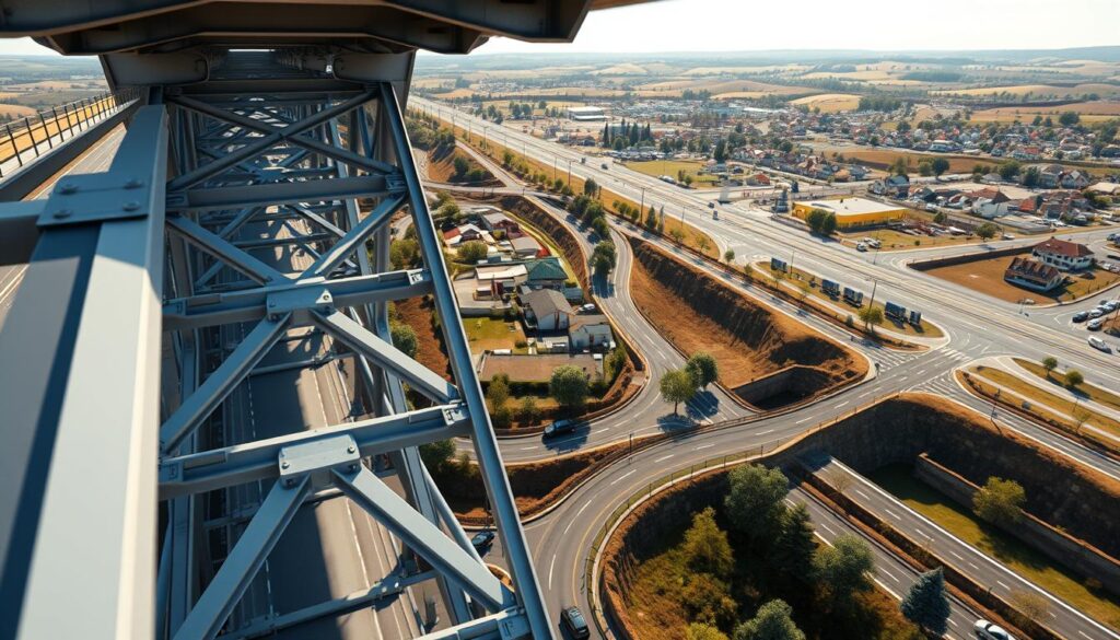 A highly detailed, realistic 3D render of an AutoCAD civil engineering project, captured with a wide-angle lens and natural lighting. In the foreground, a meticulously modeled bridge structure with intricate supports and railings. In the middle ground, a network of roads, buildings, and infrastructure elements such as drainage systems and retaining walls. The background showcases a panoramic view of a suburban or rural landscape, with rolling hills, trees, and a clear sky. The scene conveys a sense of technical complexity, precise planning, and the integration of civil engineering solutions within a natural environment.