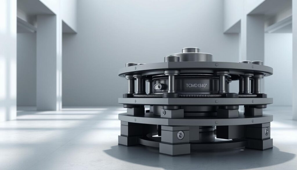 A highly detailed, scientifically accurate 3D render of a seismic base isolator in a photorealistic style. The isolator is showcased in the foreground, precisely modeled with intricate components such as sliding bearings, dampers, and tension rods. The middle ground depicts a minimalist architectural setting, with clean lines and muted tones to emphasize the technical subject. Soft, directional lighting casts dramatic shadows, highlighting the isolator's structural elements. The overall scene conveys a sense of engineering expertise and technological innovation, fitting the "Expert Opinions on Base Isolators" section of the article.